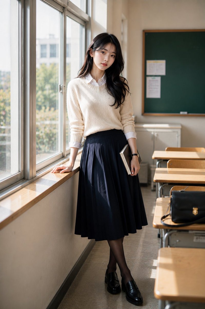 在一组高级时尚时尚大片拍摄中，一位惊艳的年轻韩国女性自信地站在明亮空旷的现代化教室内。教室里摆放着整齐排列的木质课桌椅，一块大型绿色黑板，高大的洒满阳光的窗户，干净的白墙，光洁地板，氛围宁静充...