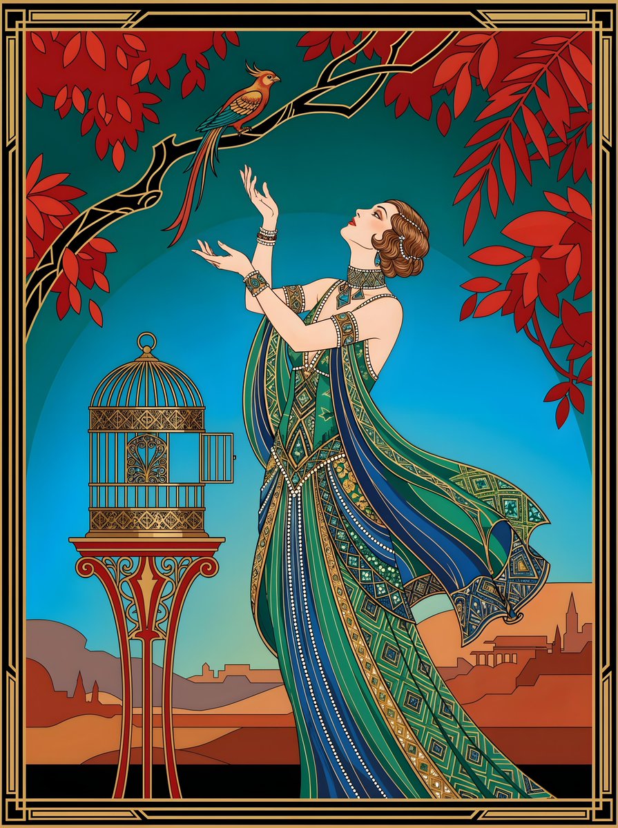 一幅装饰艺术风格（Art Deco）的插画描绘了一位身着飘逸华美长裙的女子，向上伸手去够一只栖息在树枝上的小鸟。女子头部后仰，双臂伸展，身上佩戴着珠宝首饰。在她的左侧，一个装饰性的鸟笼置于红色...