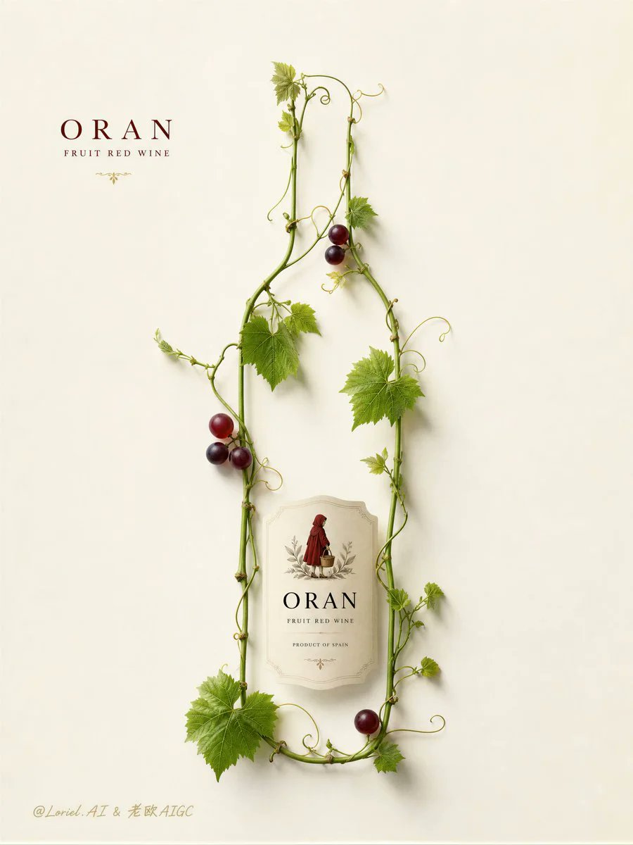 为 Oran 西班牙果香红葡萄酒创作一款极致极简的高端海报，灵感源自精致植物学的酒瓶轮廓构图。使用大面积纯净的白色或柔和的象牙白背景，留出充足的负空间。中心图像必须是由真实的葡萄藤、柔嫩的茎干...