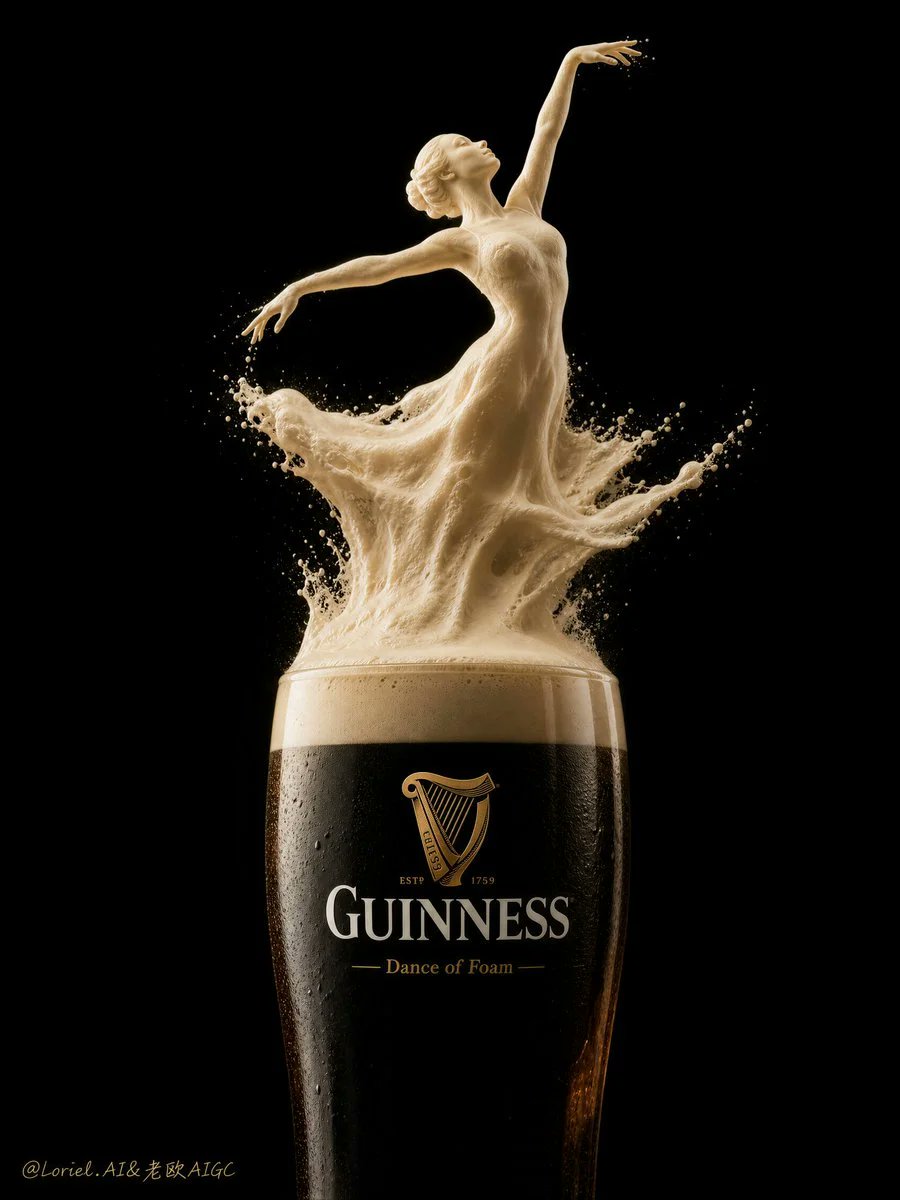 为健力士(Guinness)创作一张超高端广告海报,画面中有一杯超写实的深色世涛啤酒品脱杯,顶部奶油般的泡沫头优雅地化身为一个芭蕾舞女孩的造型。整张图像应呈现奢华、诗意且标志性的气质,如同世界...