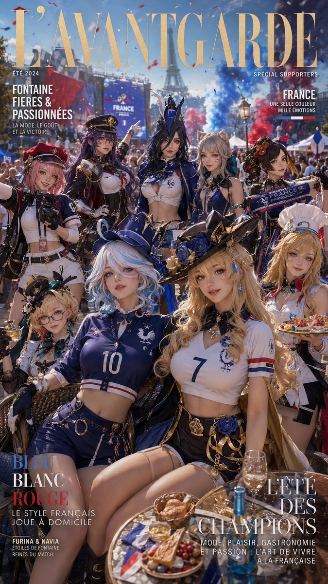 9:16 竖版格式，超精细超写实风格的法国夏日球迷杂志封面，画面中是《原神》枫丹廷的成年女性们，在一个充满活力的比赛日球迷区里一起为法国队加油助威。所有角色必须是显而易见的成年女性，22 岁以...