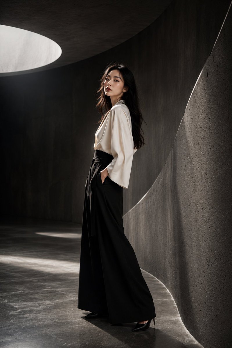 一位令人惊艳的年轻日本女性，置身于高端时尚摄影棚的拍摄中，优雅地站立在一座由大型弧形混凝土墙体、带有纹理的炭灰色表面以及柔和的几何阴影所构成的当代建筑风格摄影棚内。她身穿一套以深象牙色与黑色为...