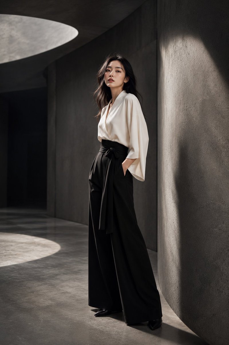 一位令人惊艳的年轻日本女性，置身于高端时尚摄影棚的拍摄中，优雅地站立在一座由大型弧形混凝土墙体、带有纹理的炭灰色表面以及柔和的几何阴影所构成的当代建筑风格摄影棚内。她身穿一套以深象牙色与黑色为...