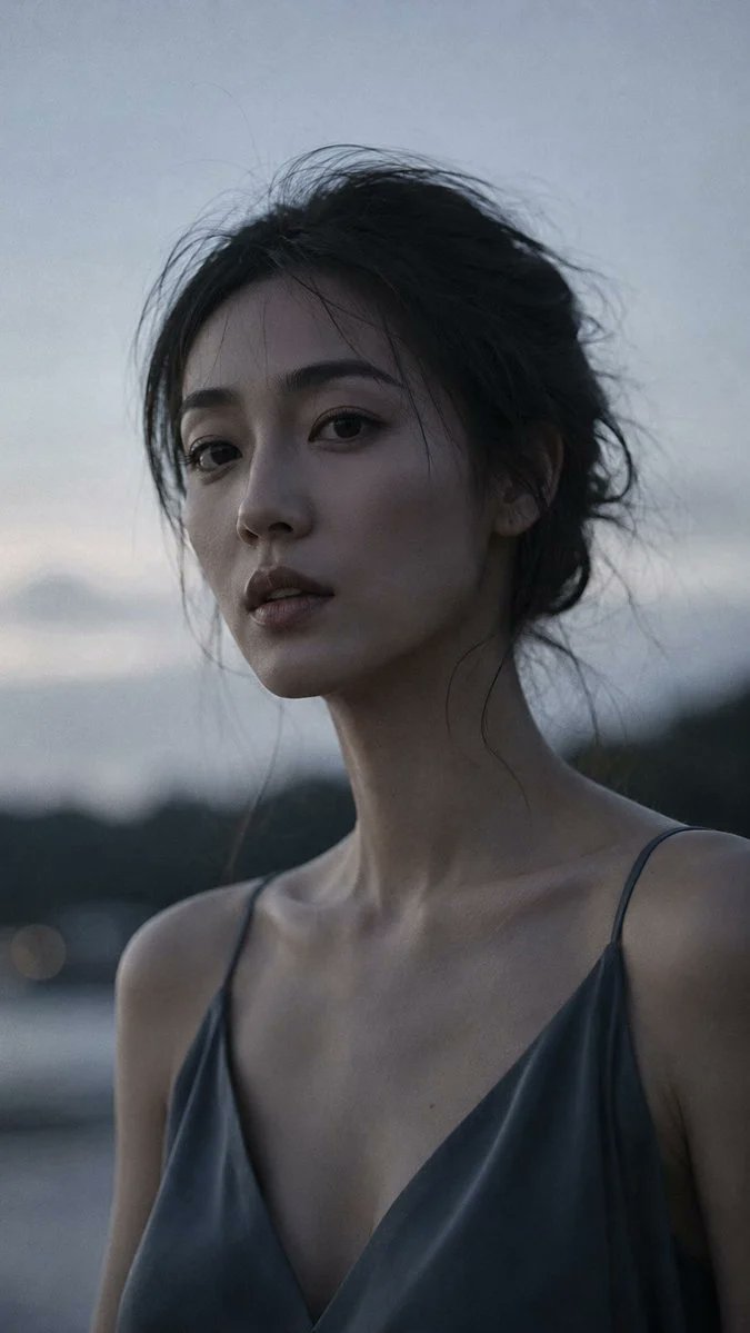 人像拍摄，85mm f/1.2 镜头特写，一位二十八九岁的日本女性，脖颈修长优雅，深色头发松散地向后梳去，面部轮廓分明，深陷的冷静双眼，目光投向中景远方，嘴巴微微张开，仿佛要说什么却没说。她穿...