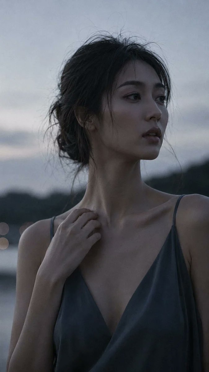 人像拍摄，85mm f/1.2 镜头特写，一位二十八九岁的日本女性，脖颈修长优雅，深色头发松散地向后梳去，面部轮廓分明，深陷的冷静双眼，目光投向中景远方，嘴巴微微张开，仿佛要说什么却没说。她穿...