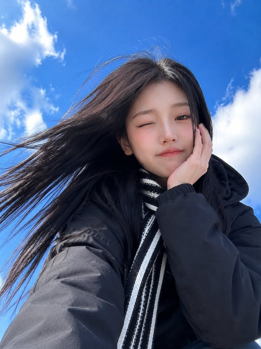 极致真实的智能手机自拍照，一位美丽的东亚年轻女性，从极具戏剧性的低角度仰拍，背景是鲜艳的蓝天和柔和的白色云朵。她拥有又长又直的乌黑长发在风中自然飘动，白皙的瓷器肌肤，柔和的杏仁形棕色眼睛，细腻...