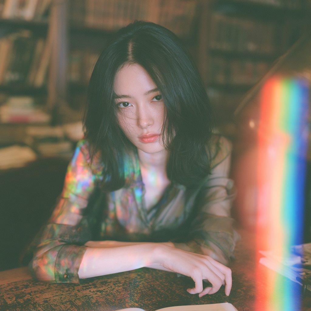 20多岁、性感迷人的日本或韩国女性。性感高挑、纤细而曲线优美的轮廓，身体比例锚定94-58-92，腰部纤细有型，臀部圆润，腹部平坦。面部特写紧凑，填满画面，置身于历史悠久的图书馆阅读桌旁，桌面...