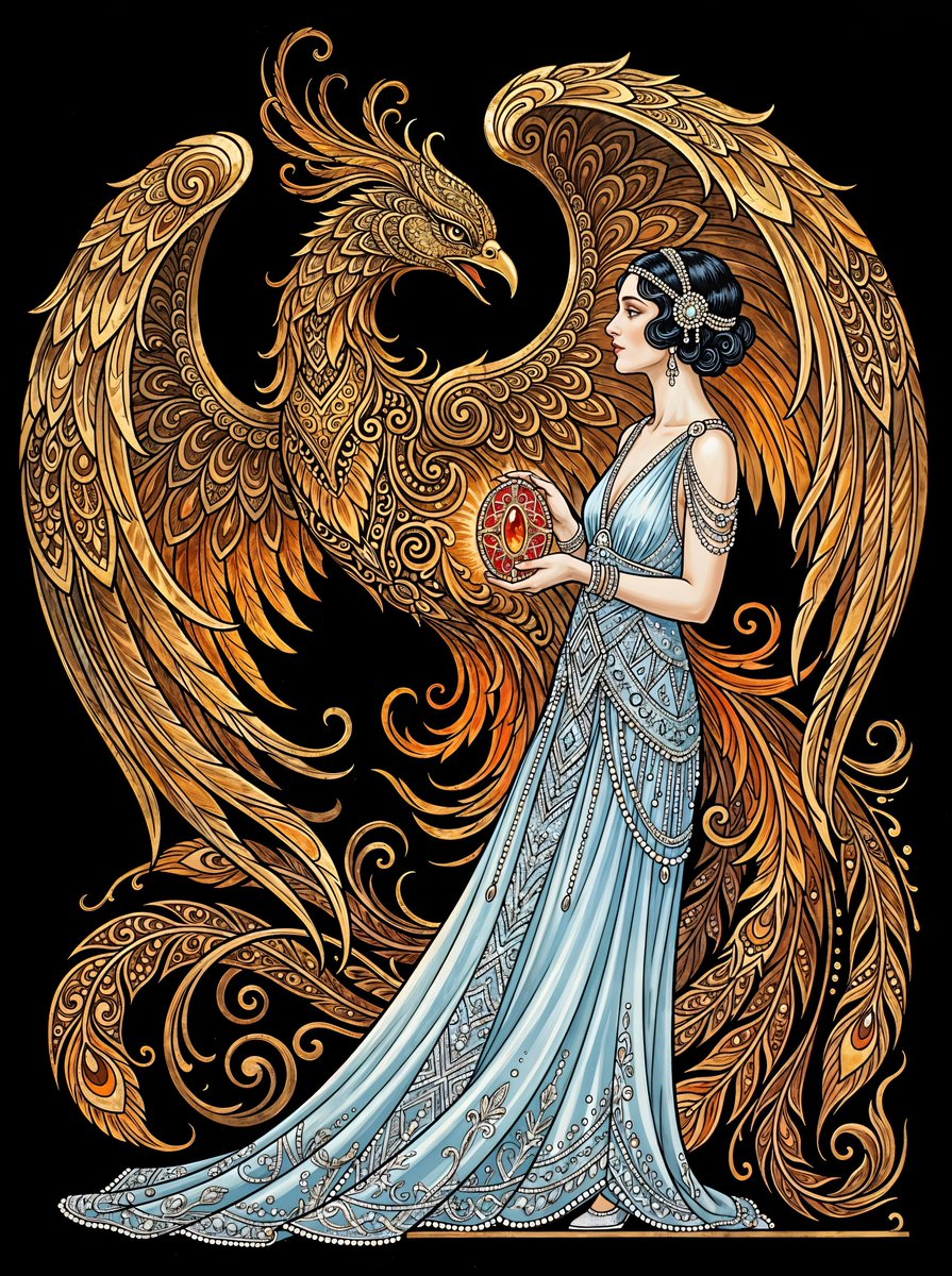 一位身穿飘逸的浅蓝色串珠装饰艺术风格 (Art Deco) 长裙的女子站在黑色背景前。她双手捧着一个红色的椭圆形物体。在她身后，描绘着一只大型风格化的凤凰，拥有金色和棕色的翅膀及尾羽。凤凰的头...