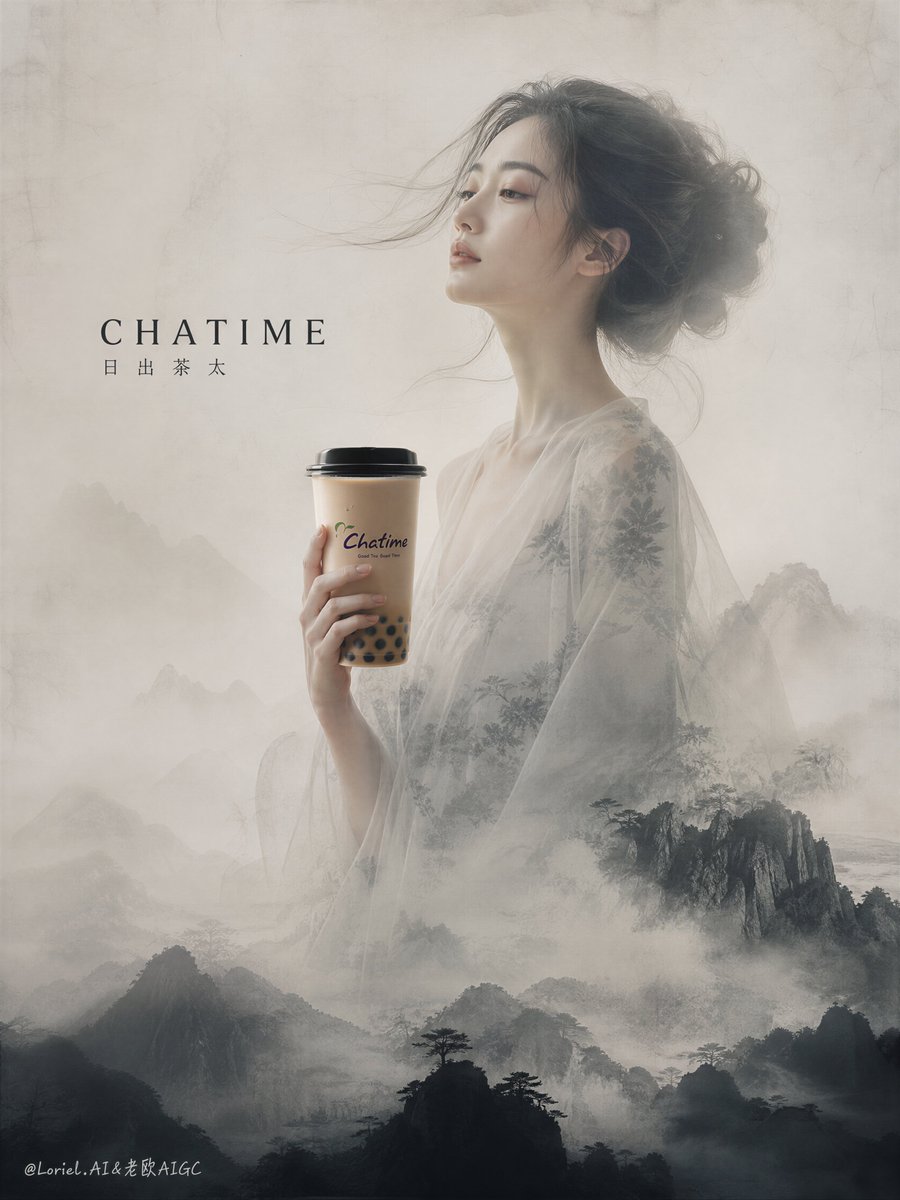 前景手部与主体分离，分离的手握着杯子，身体与手断开，漂浮的杯子，破碎的女性，仅面部肖像，解剖结构断裂，下方山脉明亮，背景杂乱，卡通水墨画，粘贴肖像效果，过多文字