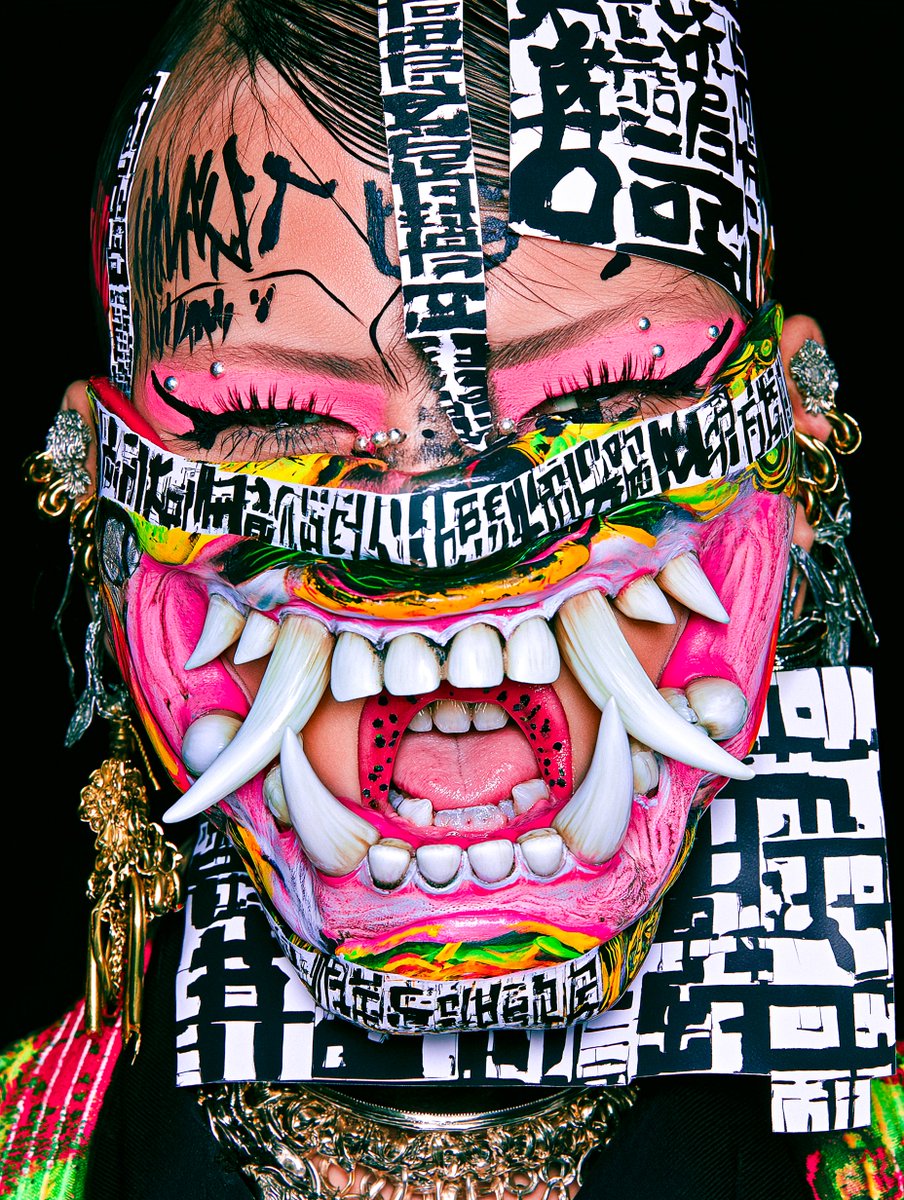 错综复杂的漫画 [宏观时尚恐怖肖像]，[从下方仰视的高张力角度]，RitualSnarl：愤怒刻于墨迹与獠牙之中。OniEcho：书法吞噬皮肉，怒火以文字永存。GoldWrit：通过笔触实现的...