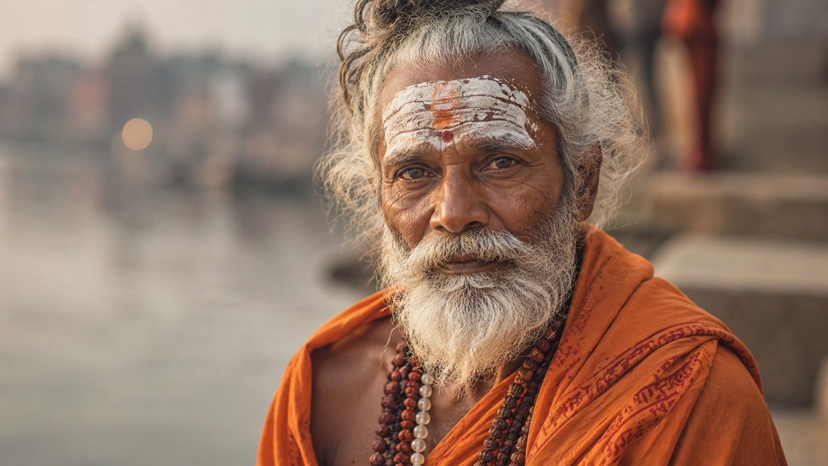 一位年迈的印度苦行僧（Sadhu）男士肖像。真实人类的细致自然外观皮肤与质感，清晰的毛孔、雀斑、细纹、轻微瑕疵、淡淡的痤疮和痘印、疤痕、毛孔级细节、皮肤纹理、真实肤色、面部绒毛柔和地捕捉光线，...