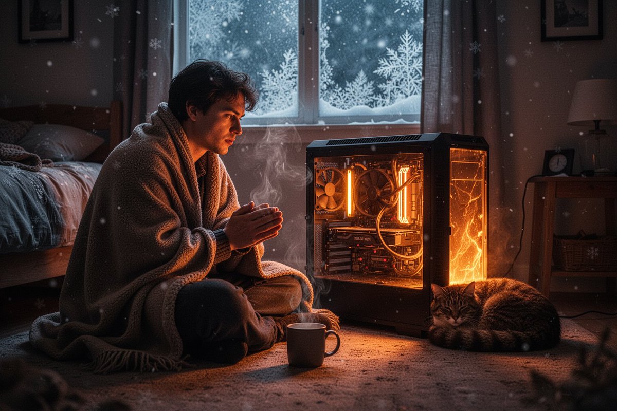夜晚一间舒适的冬日卧室，一个人裹着毯子坐在地板上，在一台发光的台式电脑主机前烤手，仿佛它是一座壁炉；显卡排风口散发着如炉膛余烬般温暖的橙色光芒，热气从散热孔中袅袅升起，身后的窗户上结着霜花，一...