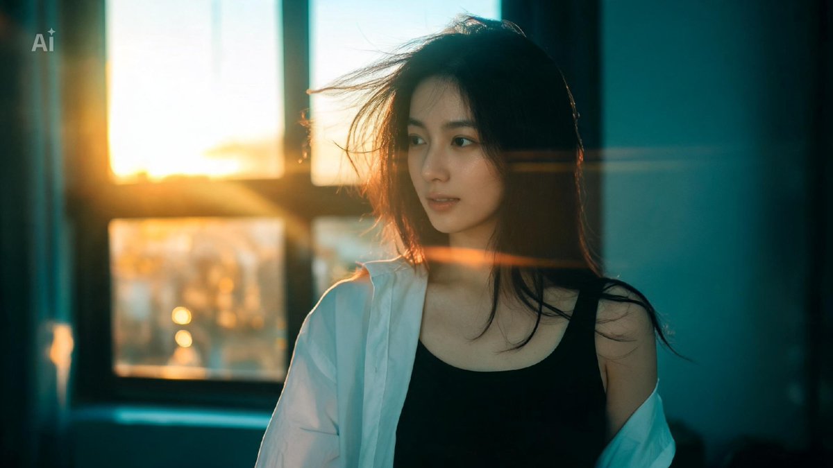 一位美丽的年轻日本女性，自然而不费力的美感，肌肤柔软发光，身着紧身黑色背心，外搭一件宽松的冷白色衬衫（敞开穿着），随性时髦的造型。电影级影院画面，变形镜头光斑，浅景深配奶油般虚化，缓慢推进的推...