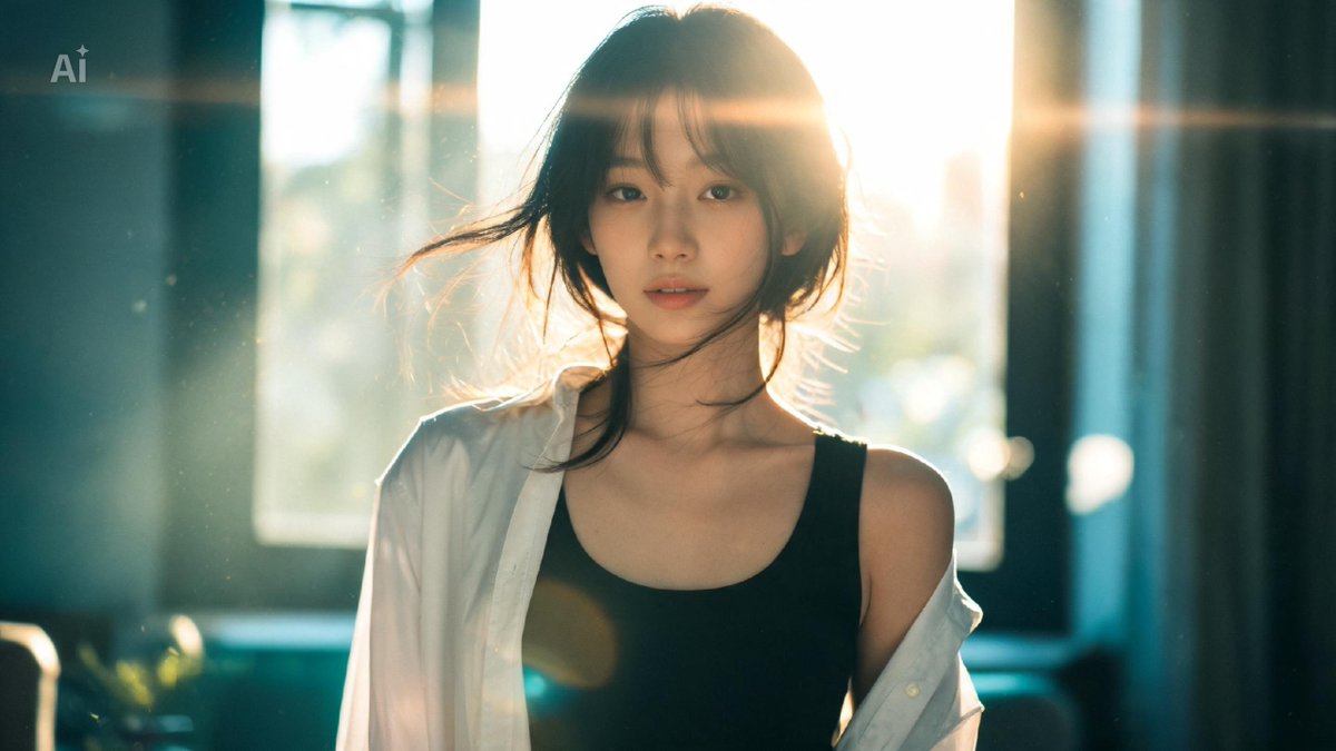 一位美丽的年轻日本女性，自然而不费力的美感，肌肤柔软发光，身着紧身黑色背心，外搭一件宽松的冷白色衬衫（敞开穿着），随性时髦的造型。电影级影院画面，变形镜头光斑，浅景深配奶油般虚化，缓慢推进的推...
