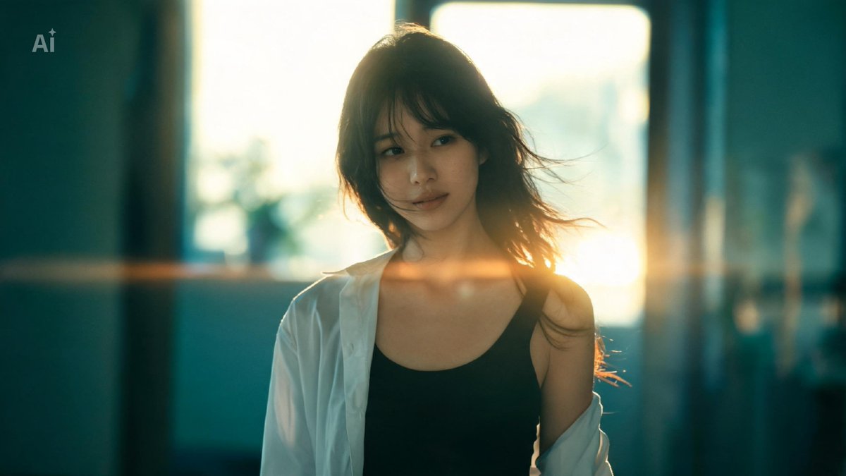 一位美丽的年轻日本女性，自然而不费力的美感，肌肤柔软发光，身着紧身黑色背心，外搭一件宽松的冷白色衬衫（敞开穿着），随性时髦的造型。电影级影院画面，变形镜头光斑，浅景深配奶油般虚化，缓慢推进的推...
