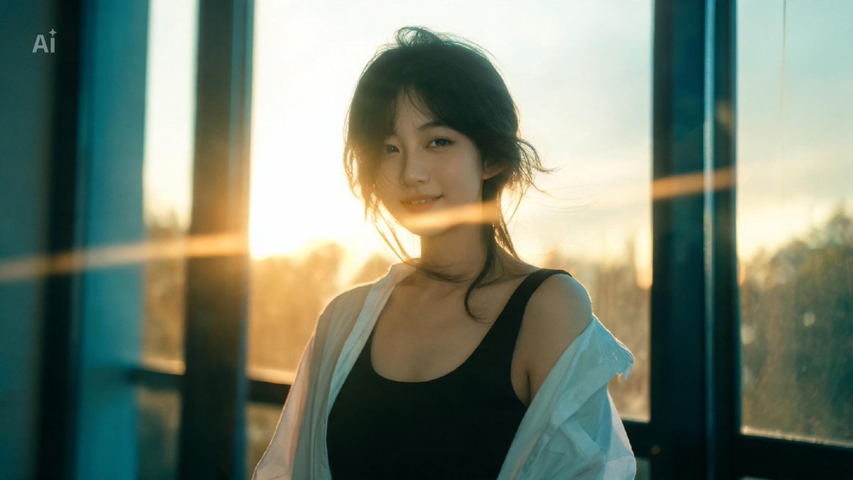 一位美丽的年轻日本女性，自然而不费力的美感，肌肤柔软发光，身着紧身黑色背心，外搭一件宽松的冷白色衬衫（敞开穿着），随性时髦的造型。电影级影院画面，变形镜头光斑，浅景深配奶油般虚化，缓慢推进的推...