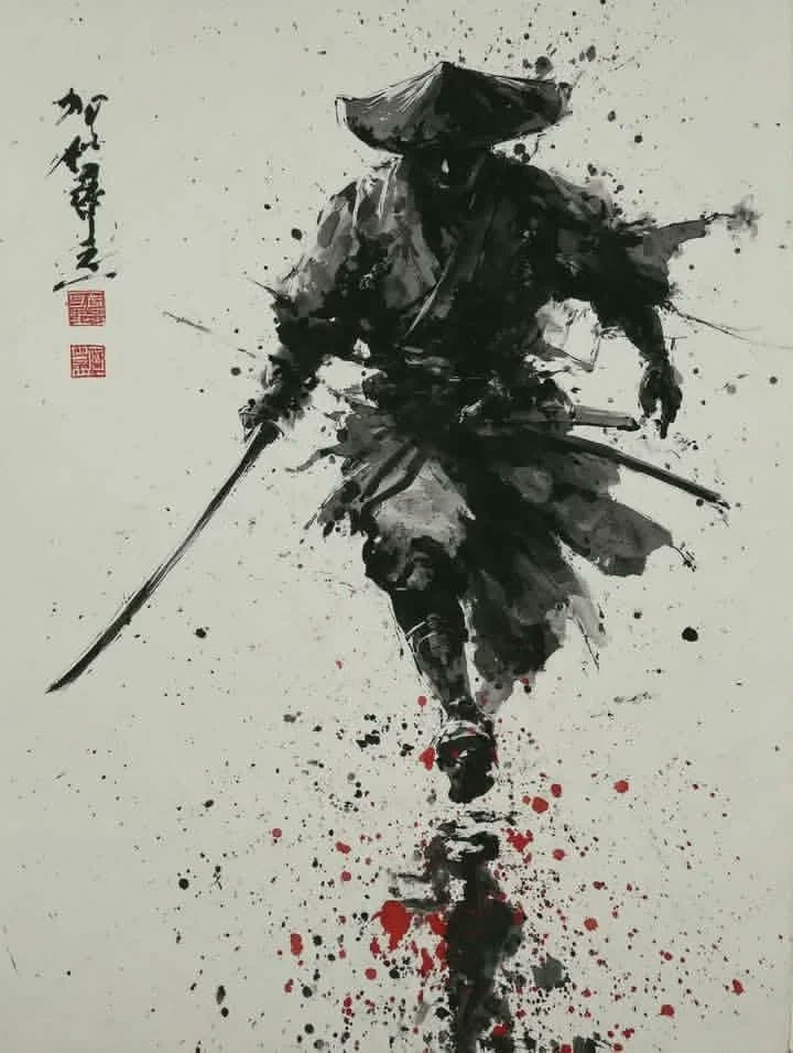 一位独行的武士 / 浪人武者，以传统日本水墨画 (sumi-e) 风格描绘，全身动态姿势，面部大半隐于阴影之中，身着飘逸的长袍，头戴草帽 / 顶髻发型，腰佩武士刀 (katana)，仿佛正在迈...