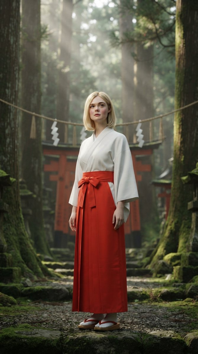 极致写实的全身人像肖像:一位美丽的日本神社巫女(Miko),平静地伫立在一座古老的神社之中,四周环绕着高耸的雪松树和红色的鸟居。她身穿洁白无瑕的小袖,搭配鲜艳的猩红色袴裤,脚上是传统的白色足袋...