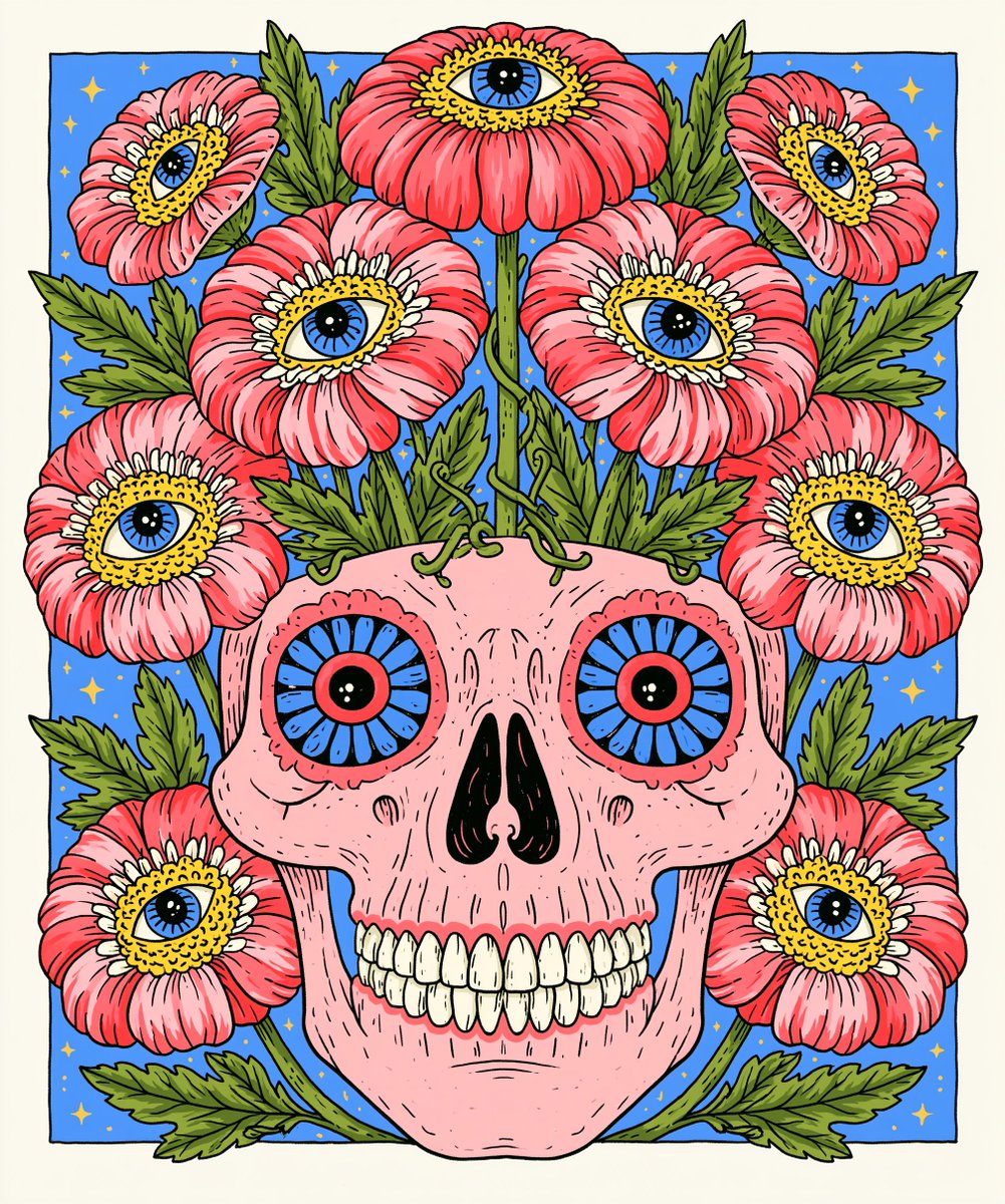 手绘风格的可爱骷髅头插画，纤细的藤蔓从头骨顶部生长出来，盛开成一朵朵带有生动表情眼睛的奇趣花朵，纯净白色背景，简洁居中构图，柔和的粉彩色调，纤细随性的素描线条，迷人而略带诡异却充满俏皮感的氛围...