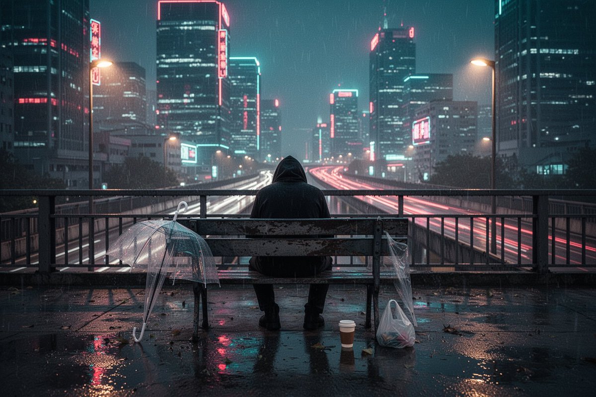 让孤独感真正出彩的是构图 —— 脸转向一侧，城市被抛到焦外，所以那些细节全都活在湿漉漉的地面倒影里。我用家里的 5090 跑同样的节奏，大概每帧...