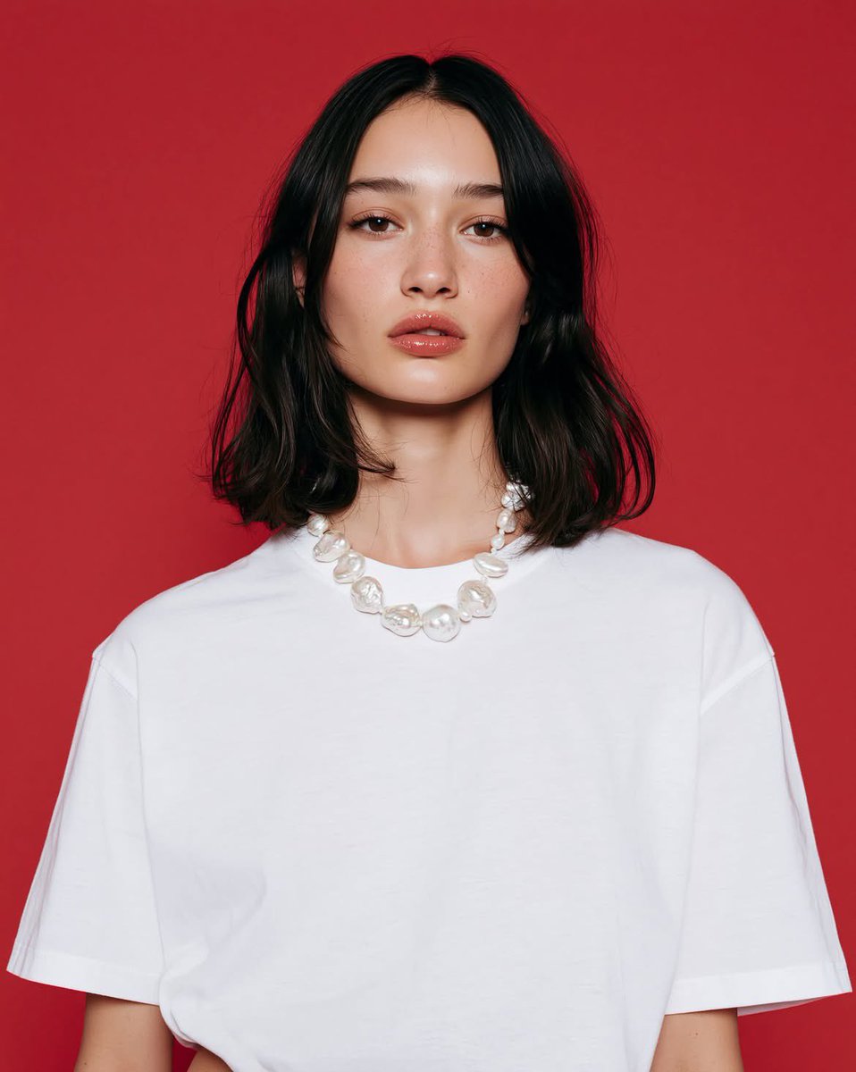 超写实的奢华美妆时尚人像：一位年轻女性，齐肩深棕色波浪卷发，无瑕瓷器肌散发着自然的水润光泽，淡雅中性妆容，水润裸色唇妆，眼神精致有神，浓密自然的眉毛，身着宽松纯白色圆领T恤，佩戴一串粗大的不规...