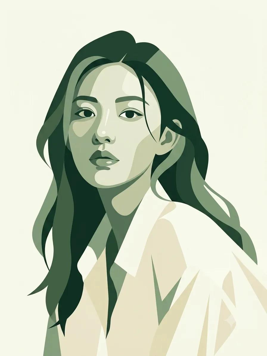 高端现代艺术杂志封面风格的插画。请将上传的肖像作为你唯一的参考。 极简现代的数字艺术风格。 使用森林绿、鼠尾草绿、苔藓绿和米色作为核心配色。 大量运用负空间和留白设计。柔和的自然光从上方洒落,...
