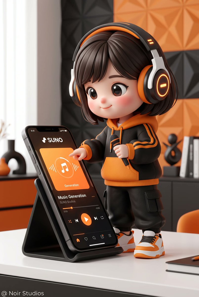 创建一个非常可爱的3D渲染的Q版（chibi）角色形象，他/她拥有可爱的特征，戴着超大耳机，穿着黑色和橙色的街头风格服装，脚踩白色运动鞋，并且她站[…] 使用 @lovimg_com 创作 h...
