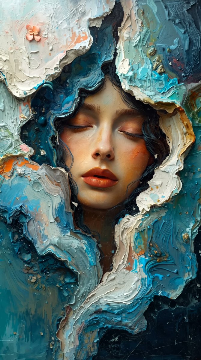 一幅宁静的女性肖像，神情平静、空灵，从一片混乱的立体厚涂（impasto）风景中无缝浮现。她的肌肤呈现出逼真的瓷质般质感…… 由 @lovimg_com 创作 https://t.co/Iyh...