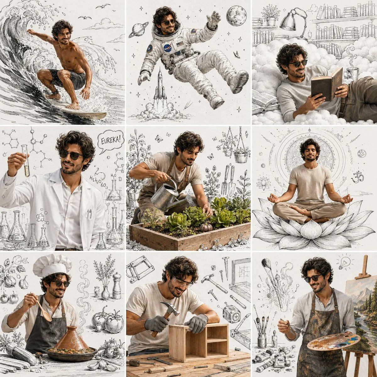 创作一张超写实的3×3编辑级生活方式拼贴画，以同一成熟男性（已上传照片）为主角，将其置于九个不同的想象职业、爱好与梦想场景中。 … Created with @lovimg_com https...
