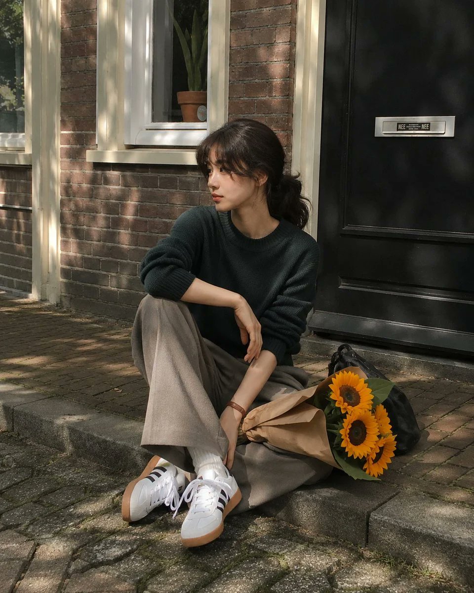 超现实生活方式人像：一位美丽的年轻东亚女性随意地坐在一条安静的欧洲住宅人行道上,身后是一栋迷人的红砖联排别墅。她有着柔和白皙…… 由 @lovimg_com 创作 https://t.co/O...