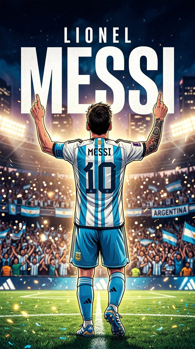 梅西（Lionel Messi） 在 @ImagineArt_X 上使用 Nano banana 2 提示词 👇 超精细数字体育艺术作品，一位传奇足球运动员的后视图，夜晚站立于座无虚席的球场之...