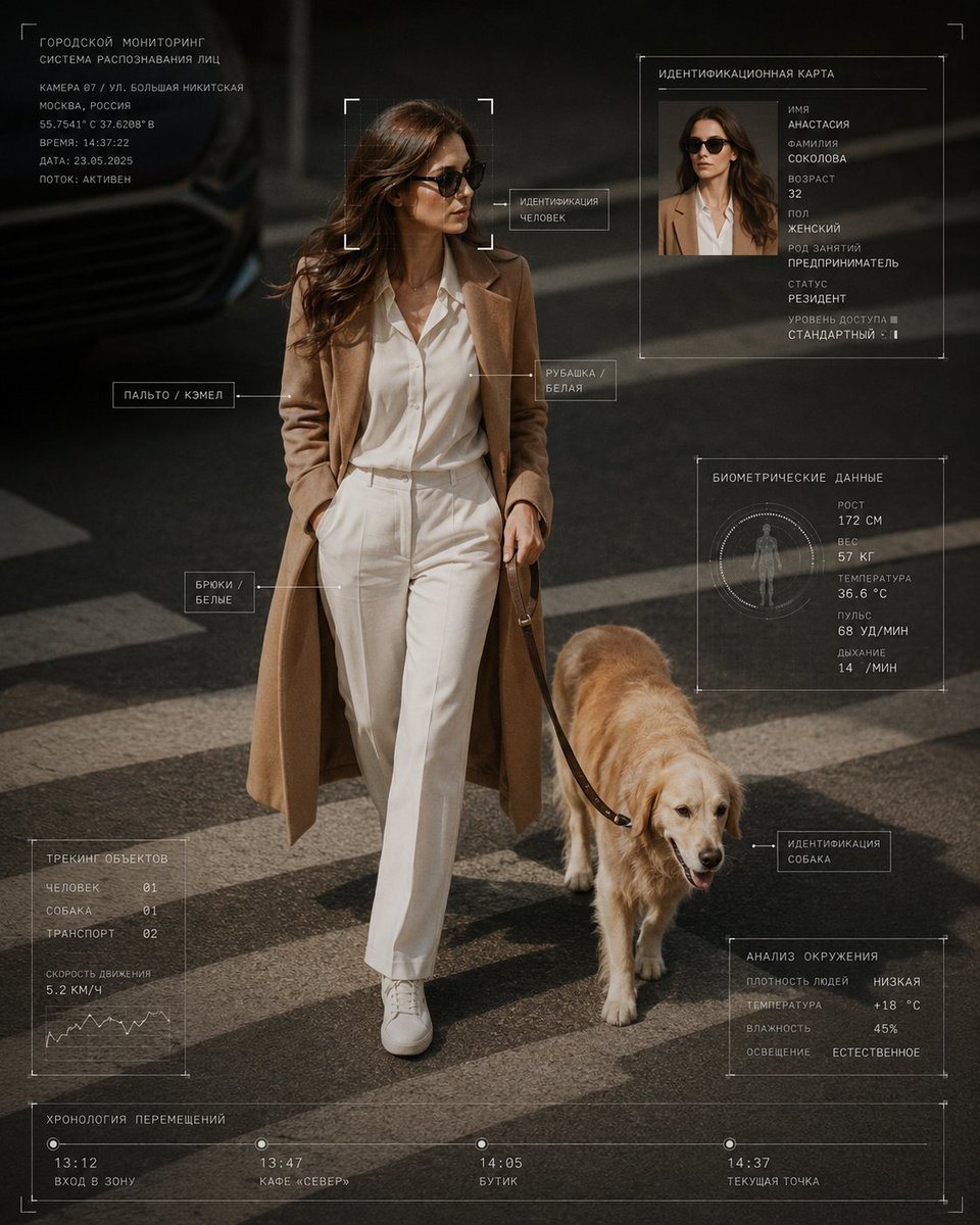 赛博核 编辑风格摄影：[your details] 身着 [clothing]，与 [animal] 一同在 [location] 中行走。画面为一张写实的抓拍街拍照片，采用略微抬高的监控式视...