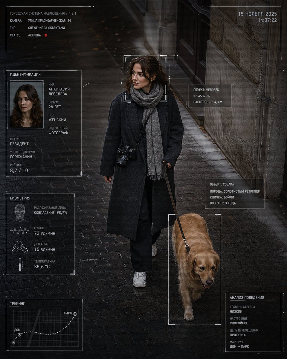 赛博核 编辑风格摄影：[your details] 身着 [clothing]，与 [animal] 一同在 [location] 中行走。画面为一张写实的抓拍街拍照片，采用略微抬高的监控式视...