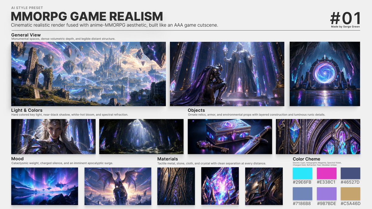 MMORPG 游戏写实风格预设 用于生成一致的图像。与 Seedance 2.5 配合效果极佳,尤其适合长视频。 ▾ 下方为提示词与示例。请收藏此页 我手动制作,样式表内的每张图像都是单独生成...