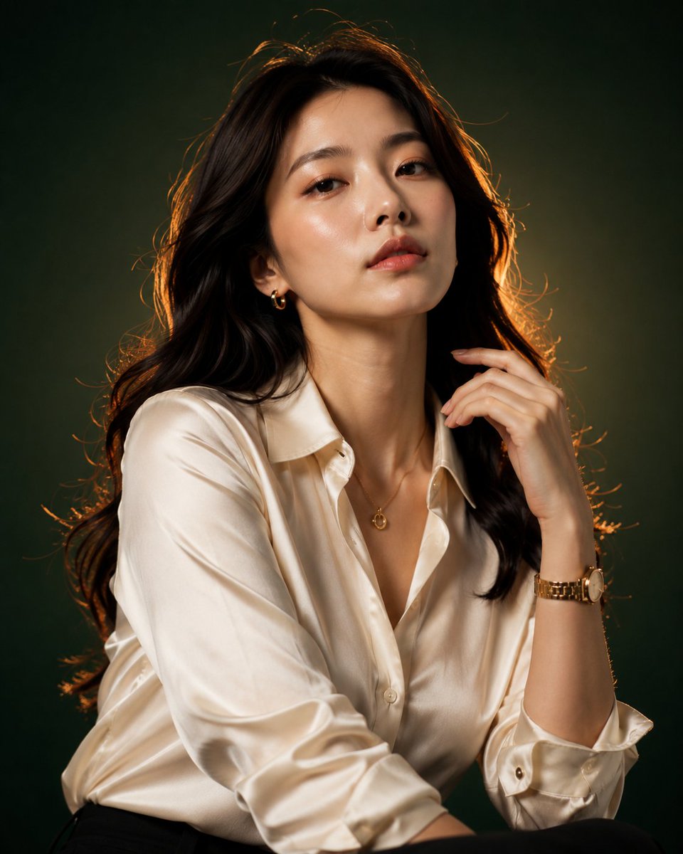 一幅超高端奢华时尚编辑肖像，描绘一位美丽的年轻东亚女性，留着长而自然的波浪黑发，妆容完美自然，自信地走向镜头，带着平静而强大的CEO般气场。她穿着优雅的象牙色丝绸缎面纽扣衬衫，带有柔和自然的褶...