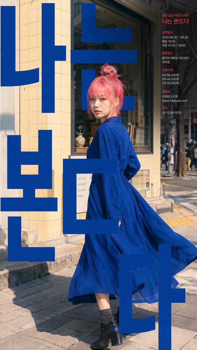 一张现代风格的韩国剧场海报设计，参考图中人物。场景采用街拍风格，背景设定为首尔街边人行道，搭配暖米黄色瓷砖墙面和店铺橱窗。 画面中央焦点清晰锐利：一位时尚的年轻韩国女性将头发盘成高髻，正回眸向...
