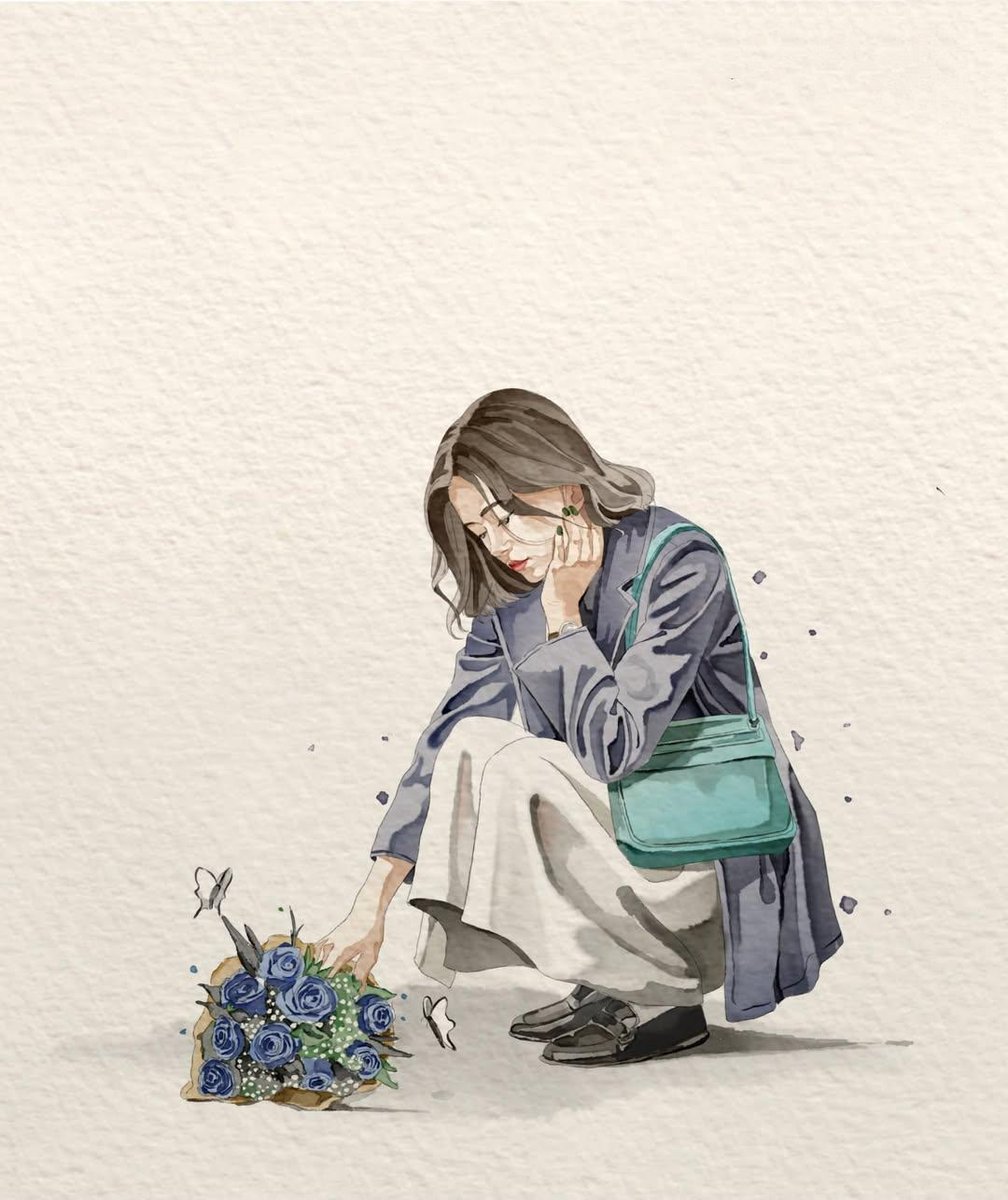 极简水彩插画，绘于带有肌理的象牙白手工纸上，柔和的粉彩色调，细腻的墨线轮廓，微妙的水彩晕染，温馨的绘本风格，大面积干净的留白。 一位时尚的年轻女性身着现代休闲服饰，是画面的主角，定格于一个平静...