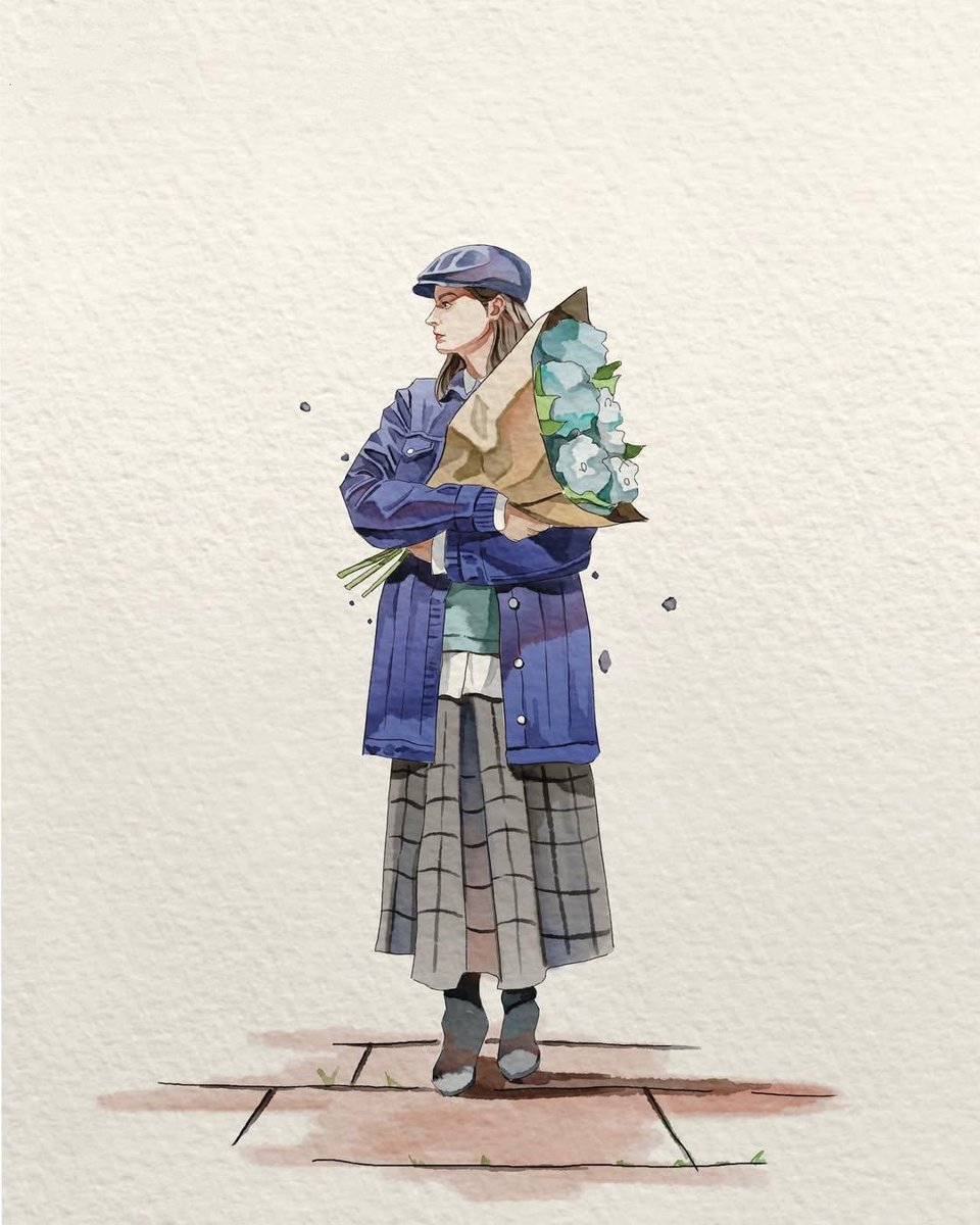 极简水彩插画，绘于带有肌理的象牙白手工纸上，柔和的粉彩色调，细腻的墨线轮廓，微妙的水彩晕染，温馨的绘本风格，大面积干净的留白。 一位时尚的年轻女性身着现代休闲服饰，是画面的主角，定格于一个平静...