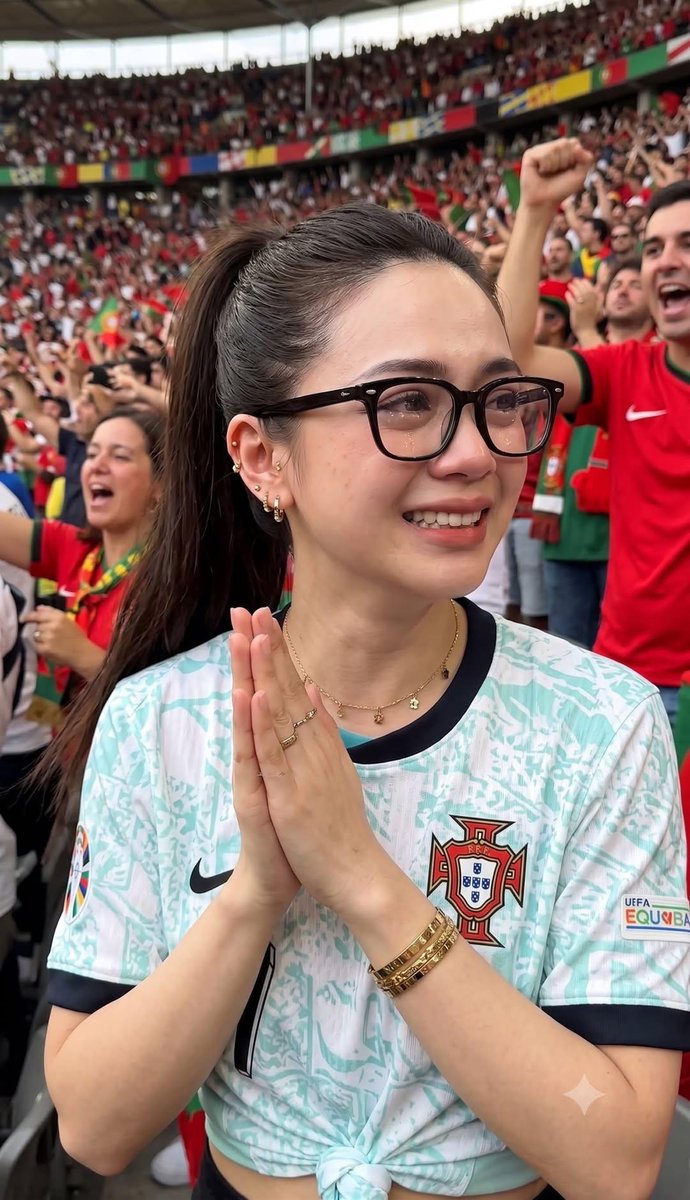主题:在一座拥挤的足球场内,一位年轻女性沉浸在压倒性的喜悦与激动瞬间的特写抓拍。 表情与情绪:她正流下幸福的泪水,眼眶闪烁着湿润的光芒,神情柔和而真挚。双手在胸前合拢,仿佛在鼓掌或正处于深切感...