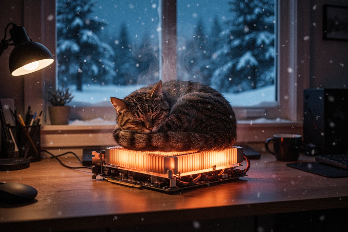 冬夜舒适的居家办公室，窗外飘落着雪花；一只猫蜷缩着睡在桌上一块敞开着的、散发着温暖光芒的显卡上，像一台小小的散热器，橙色的热辉光和热气从散热鳍片上袅袅升起，显卡投出温暖的琥珀色光线，与窗外寒冷...