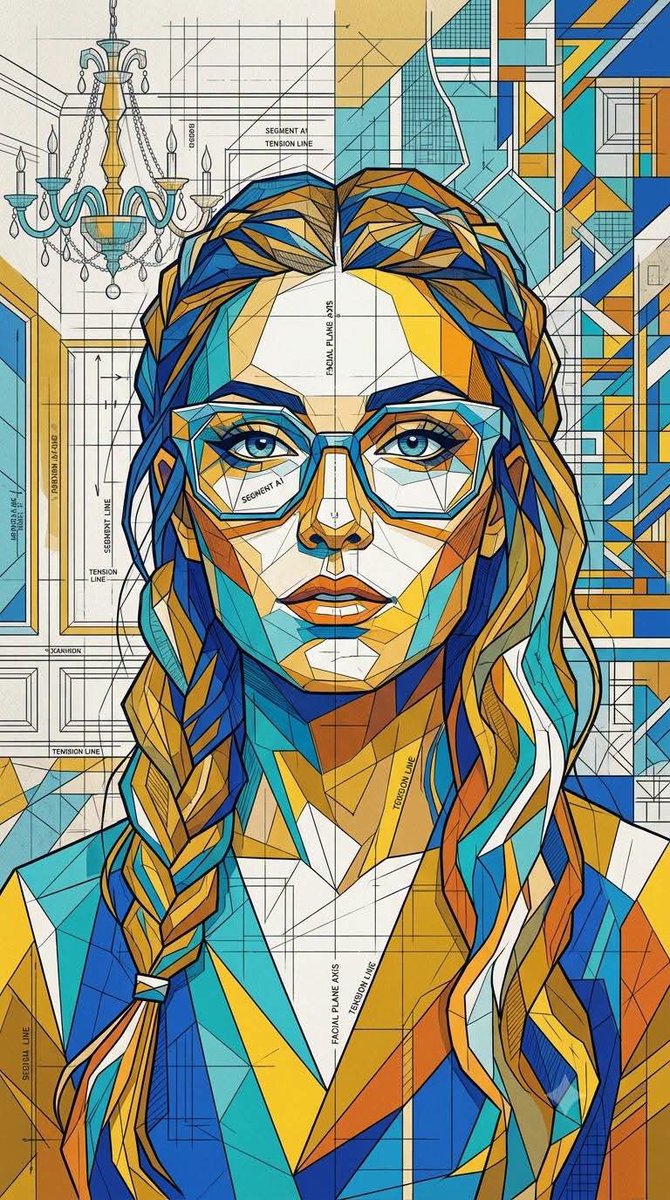 一幅极致精细的几何马赛克肖像插画，融合立体主义抽象、建筑蓝图美学和当代编辑设计流行艺术风格。由成千上万块相互锁合的棱角分明多边形碎片构成，无彩色线条，呈现碎片化平面、分段化的无色轮廓以及繁复的...