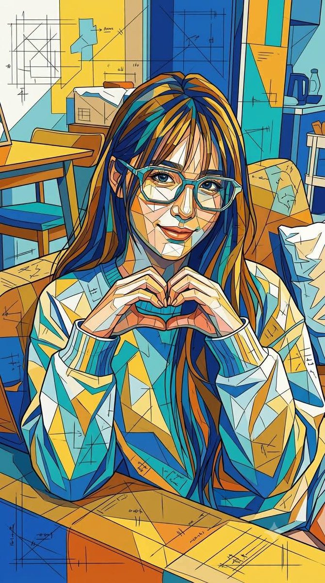一幅极致精细的几何马赛克肖像插画，融合立体主义抽象、建筑蓝图美学和当代编辑设计流行艺术风格。由成千上万块相互锁合的棱角分明多边形碎片构成，无彩色线条，呈现碎片化平面、分段化的无色轮廓以及繁复的...