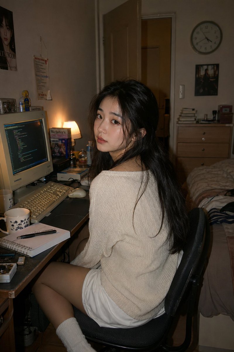 一张照片写实风格的生活肖像照：一位年轻东亚女性随意地坐在一间温馨公寓卧室里的复古电脑工作站旁。她身体略偏离桌子，微微回头望向镜头，表情若有所思、宁静安详，给人一种自然、不刻意摆拍的感觉。她长发...