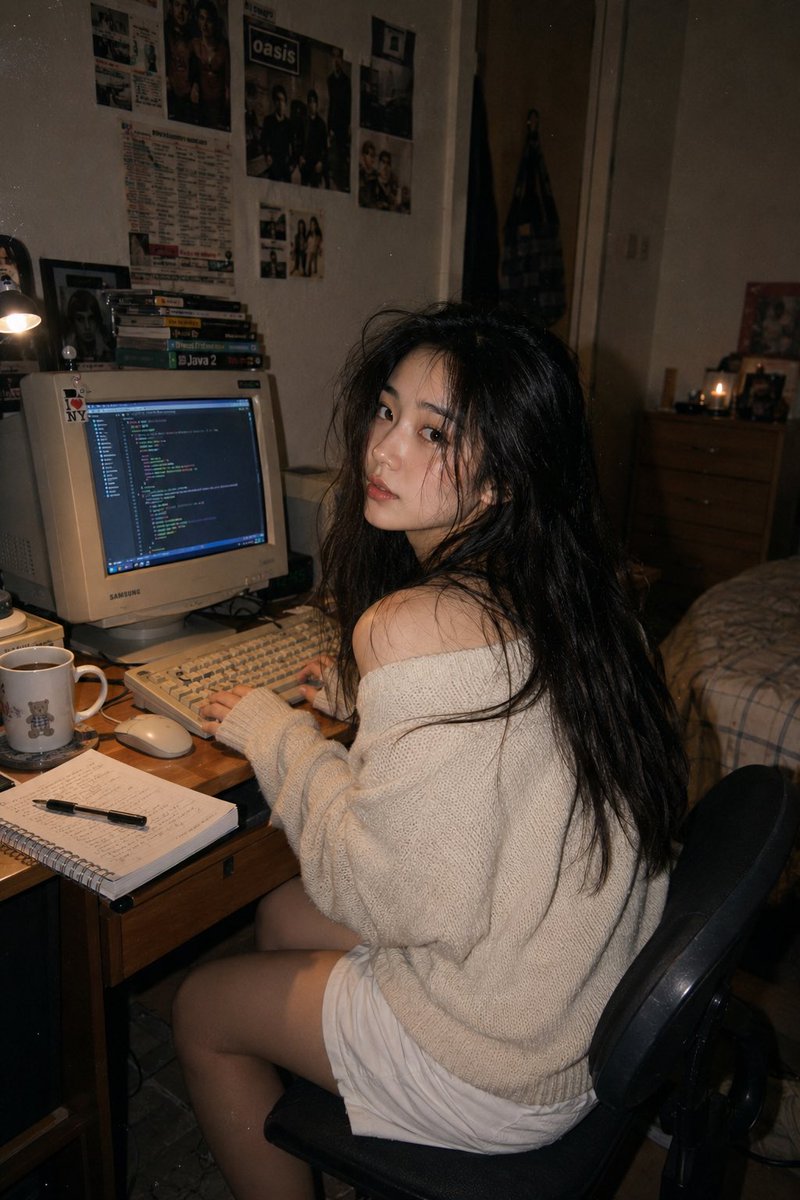 一张照片写实风格的生活肖像照：一位年轻东亚女性随意地坐在一间温馨公寓卧室里的复古电脑工作站旁。她身体略偏离桌子，微微回头望向镜头，表情若有所思、宁静安详，给人一种自然、不刻意摆拍的感觉。她长发...