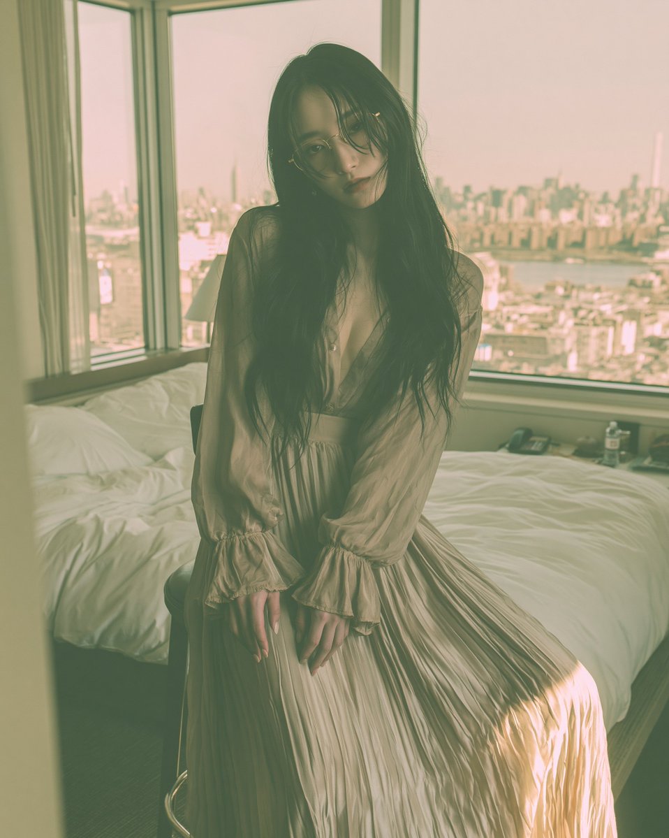 一位迷人的25岁左右的日本或韩国女性，佩戴金色金属细框眼镜，身穿长上衣搭配百褶超长半身裙，坐在吧台上，身体前倾，上半身向前倾斜，重心稳定，面向镜头。中心场景是宽阔的全景落地玻璃墙、纽约天际线，...
