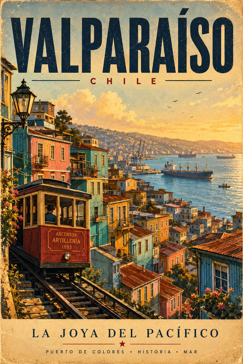 瓦尔帕莱索复古旅行海报 — 1960年代电影感, 1960s, hand-painted editorial illustration, vintage travel poster, mid-...