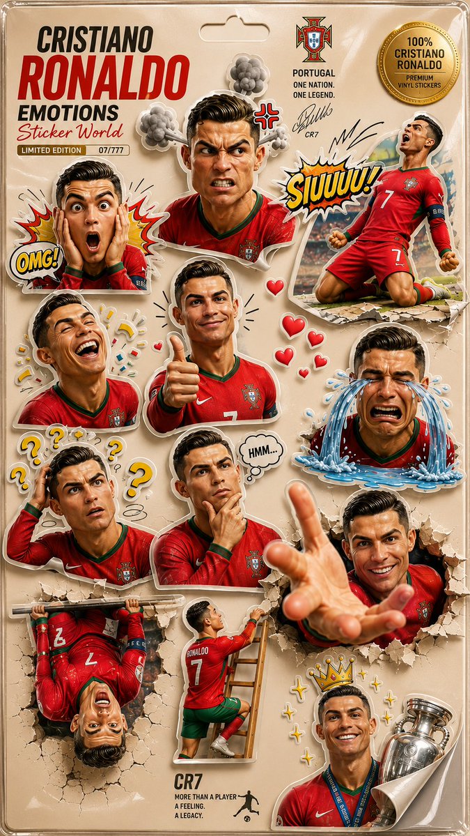 创作一款超高端、限量版的3D卡通贴纸收藏卡,以C罗(Cristiano Ronaldo)为主角。必须极其精准地保留他极具辨识度的面部特征——包括他的运动员体格、锋利的下颌线、标志性发型、自然肤...