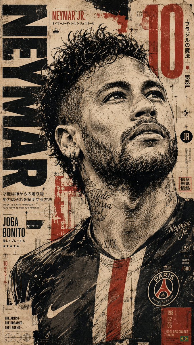 创作一幅高级竖版体育编辑海报，以内马尔（Neymar Jr.）为主角，采用精致的日式漫画灵感的混合媒介印刷风格。以 9:16 比例进行构图，采用平衡的不对称编辑式布局，使内马尔的画面占比约为整...