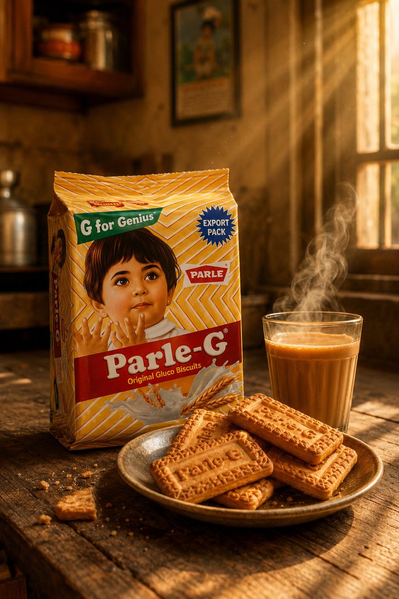 超写实高级商业摄影：经典黄白配色Parle-G饼干包装直立放置在质朴木桌上，旁侧放着一杯热气腾腾的印度奶茶，拍摄于金色日出时分。暖阳光透过老旧乡村窗户倾泻而入，形成美丽的体积光和柔和的尘埃颗粒...