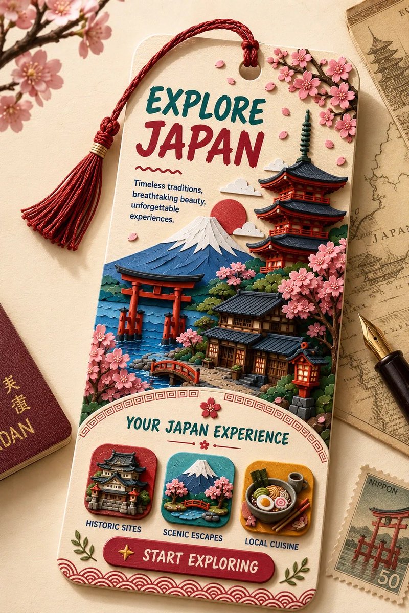 https://t.co/BNWQl1ILsI 一款以 {LOCATION} 为主题的高级竖版 2:3 收藏级旅行书签。将其设计为一张高挑的卡纸书签，圆角造型，放置在温暖奶油色的带纹理的桌面背...